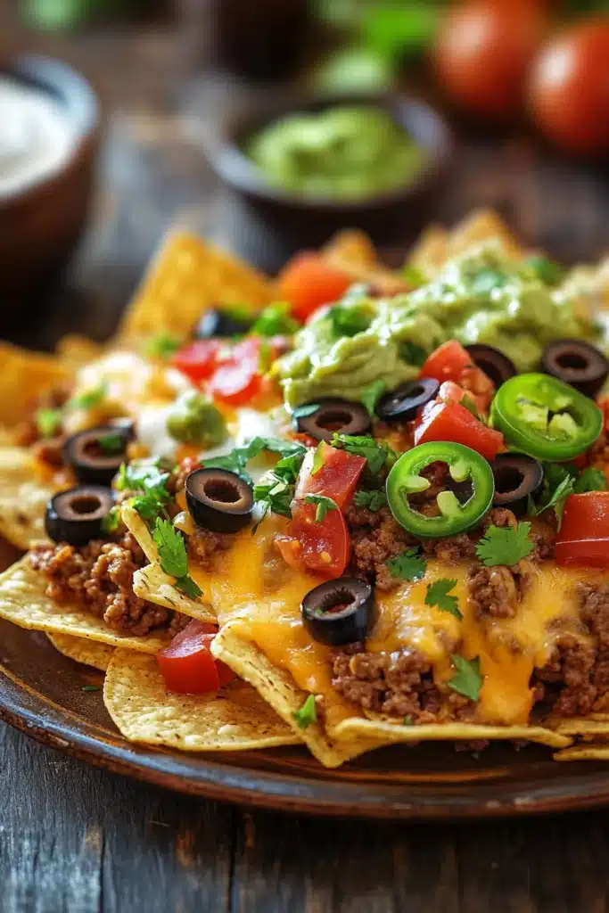 Close-up of ground beef dinner nachos with melted cheese and toppings on a plate.