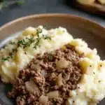 Close-up of a hearty ground beef dinner with mashed potatoes on a clean plate