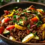Close-up of a ground beef dish with vibrant colors and a clean background, gluten free.