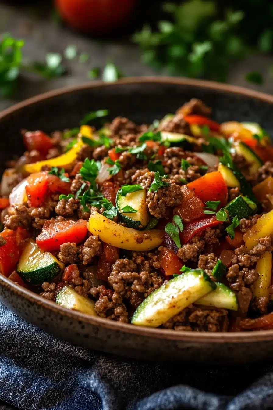 Close-up of a ground beef dish with vibrant colors and a clean background, gluten free.