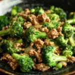 Close-up of a delicious ground turkey and broccoli dish with bright natural lighting