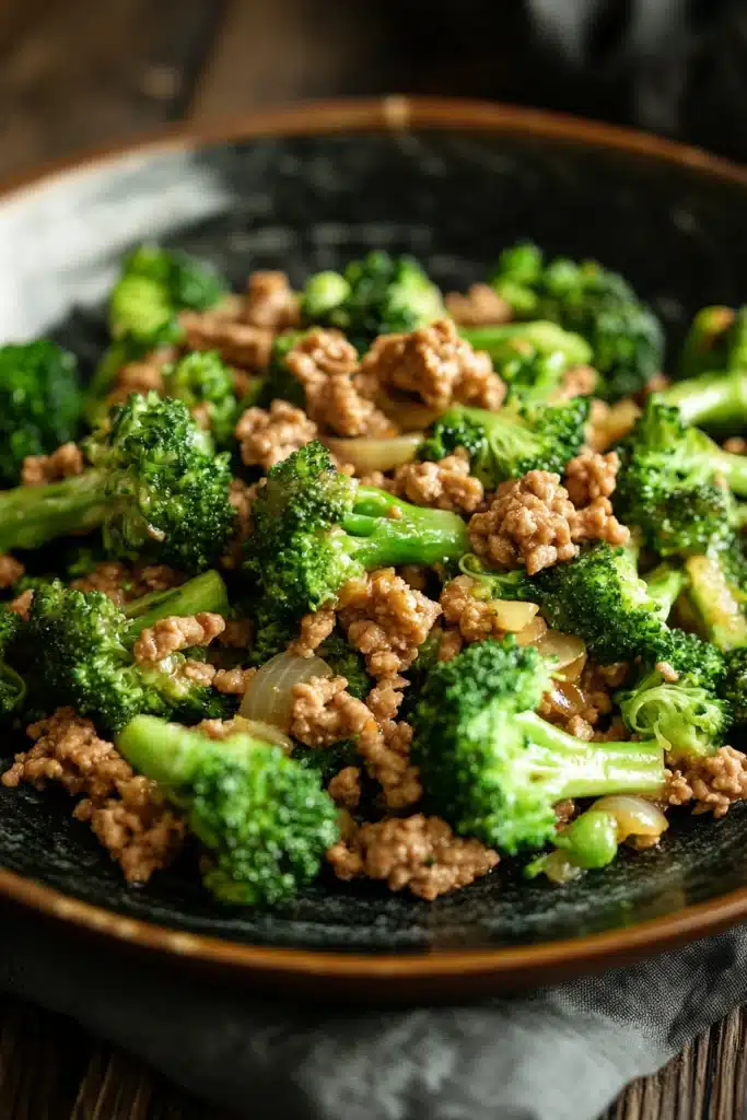 Close-up of a delicious ground turkey and broccoli dish with bright natural lighting