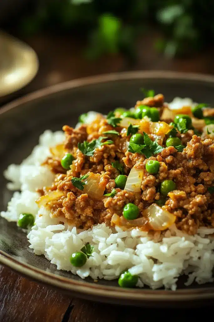 Close-up of a savory ground turkey and rice dish with herbs on a white plate