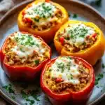Close-up of low carb stuffed peppers with ground turkey filling, vibrant and appetizing.
