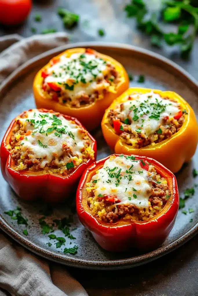 Close-up of low carb stuffed peppers with ground turkey filling, vibrant and appetizing.