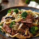 Close-up of high protein beef and noodles with bright natural lighting