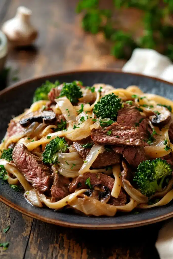 Close-up of high protein beef and noodles with bright natural lighting
