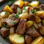 Close-up of high protein beef and potatoes with bright, warm lighting and clean background.