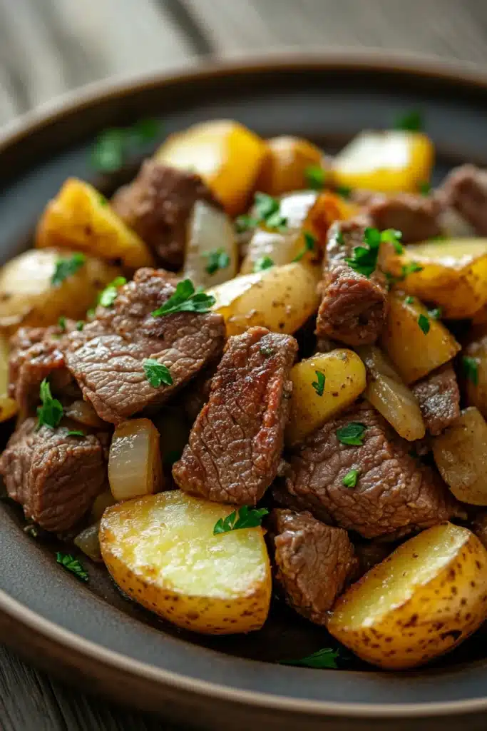 Close-up of high protein beef and potatoes with bright, warm lighting and clean background.