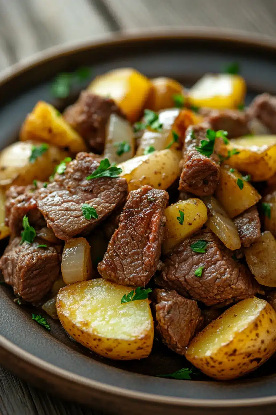 Close-up of high protein beef and potatoes with bright, warm lighting and clean background.