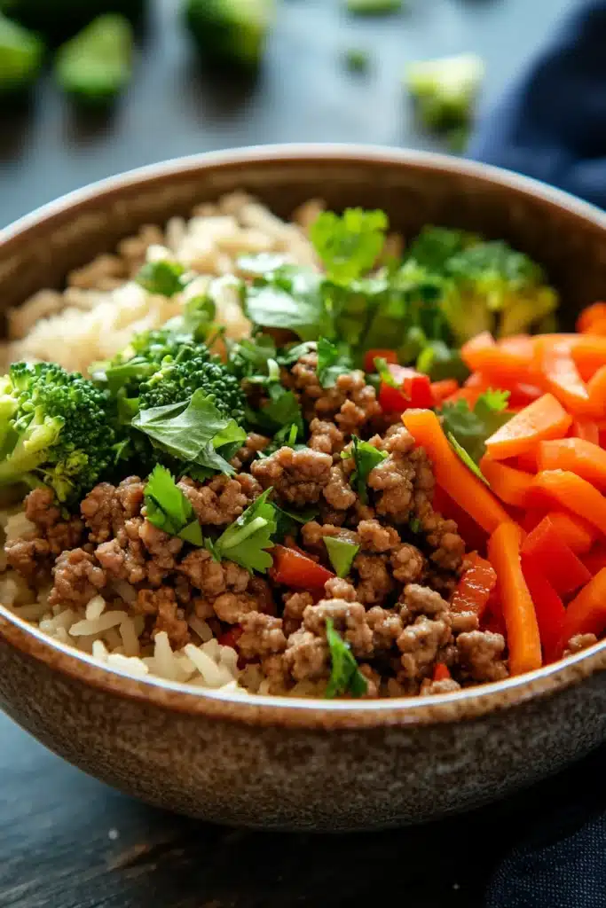 Close-up of a high protein beef and rice bowl with fresh vegetables and herbs.