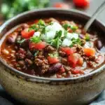 Close-up of a hearty beef chili in a crock pot with visible textures and bright lighting.
