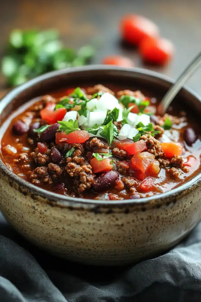 Close-up of a hearty beef chili in a crock pot with visible textures and bright lighting.