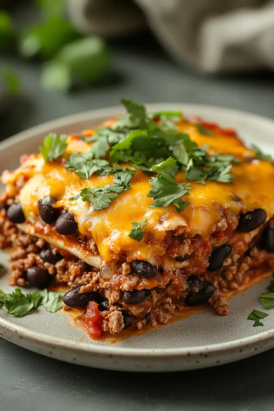 Close-up of a high protein beef enchilada casserole with melted cheese and herbs