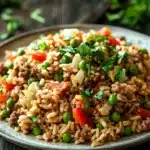 Close-up of a high protein beef and rice dish with vibrant colors and sharp textures.