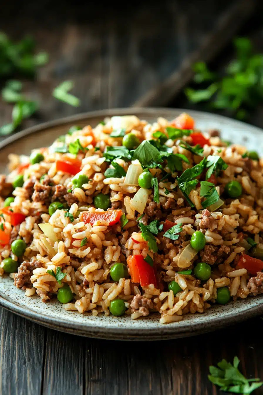 Close-up of a high protein beef and rice dish with vibrant colors and sharp textures.