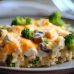 Close-up of a high protein chicken and rice casserole with creamy sauce and cheese.