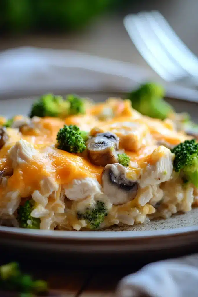 Close-up of a high protein chicken and rice casserole with creamy sauce and cheese.