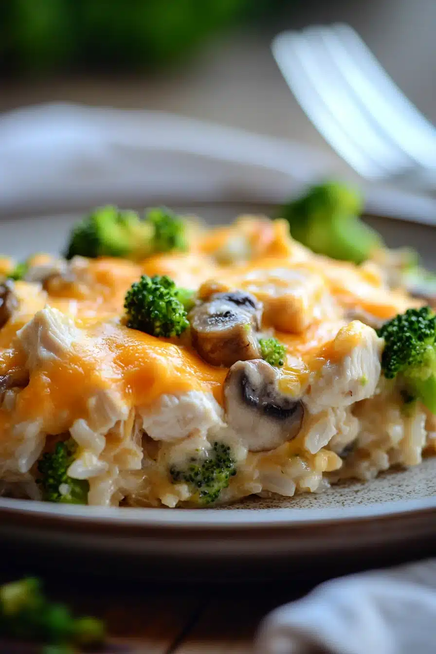 Close-up of a high protein chicken and rice casserole with creamy sauce and cheese.