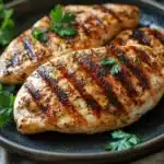 Close-up of high protein chicken breast with creamy sauce and herbs