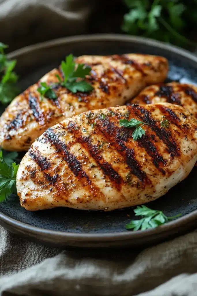 Close-up of high protein chicken breast with creamy sauce and herbs