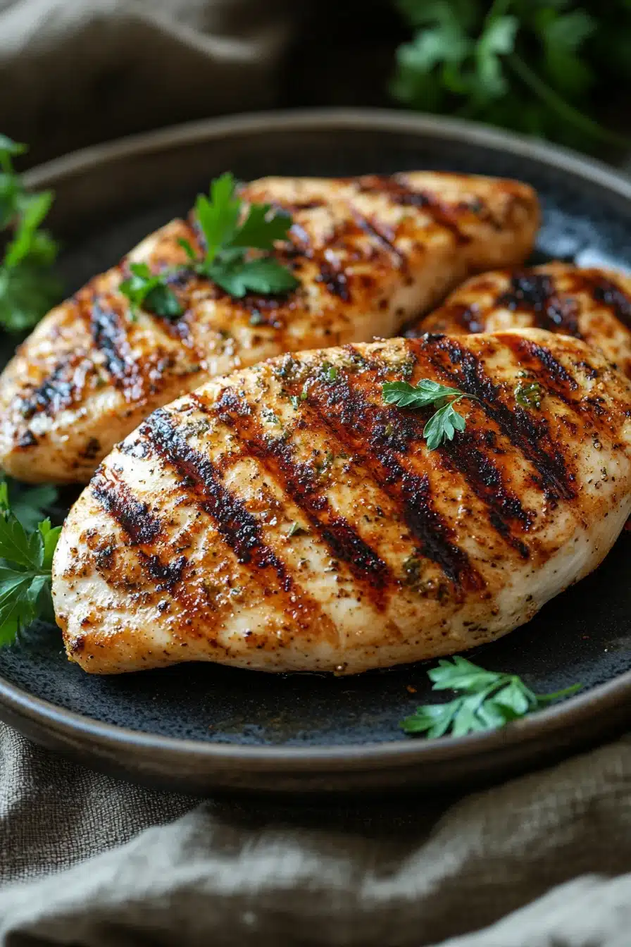 Close-up of high protein chicken breast with creamy sauce and herbs