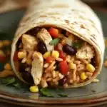 Close-up of a high protein chicken burrito with fresh ingredients and a clean background