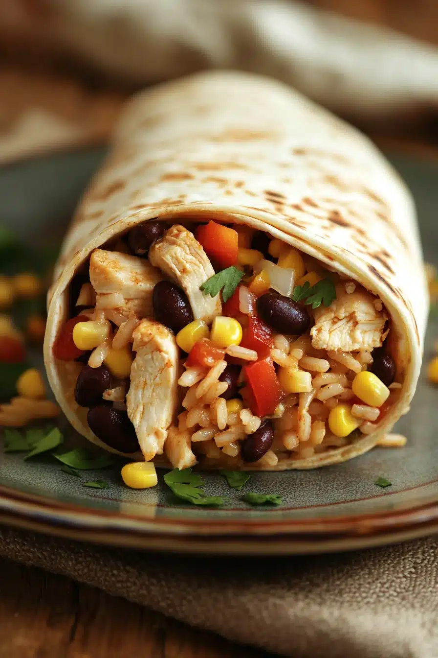 Close-up of a high protein chicken burrito with fresh ingredients and a clean background