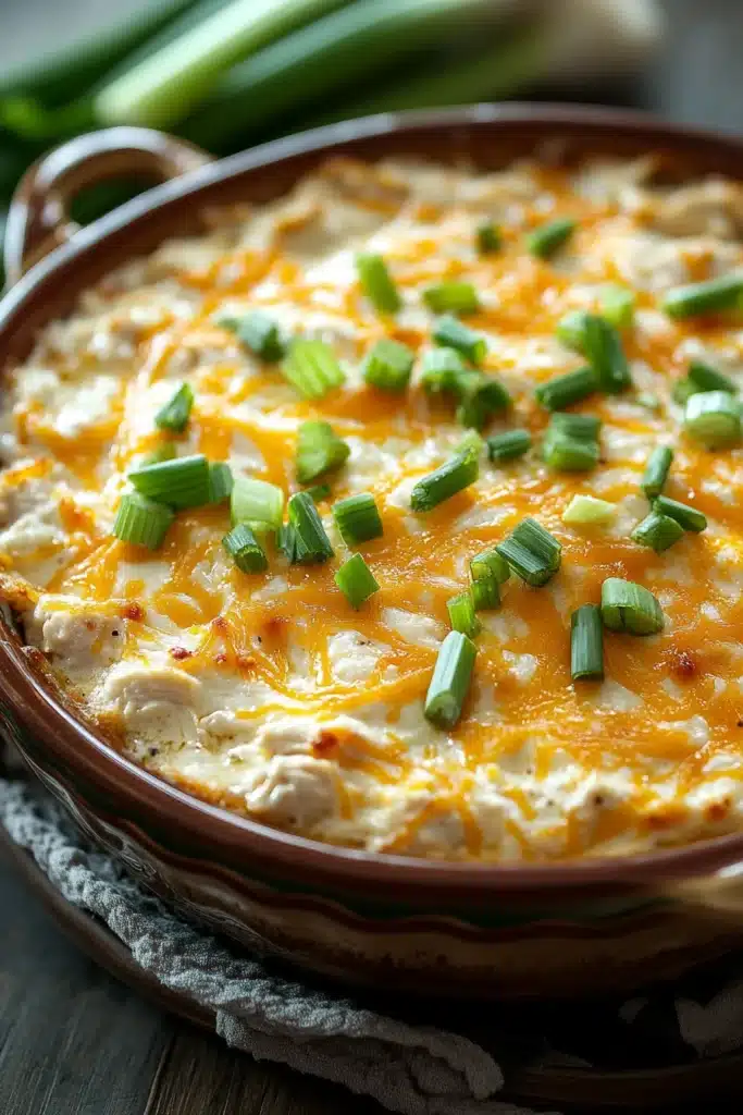 Close-up of a creamy chicken dip with herbs in a white bowl