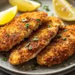 Close-up of crispy chicken katsu with golden breading on a clean white plate.