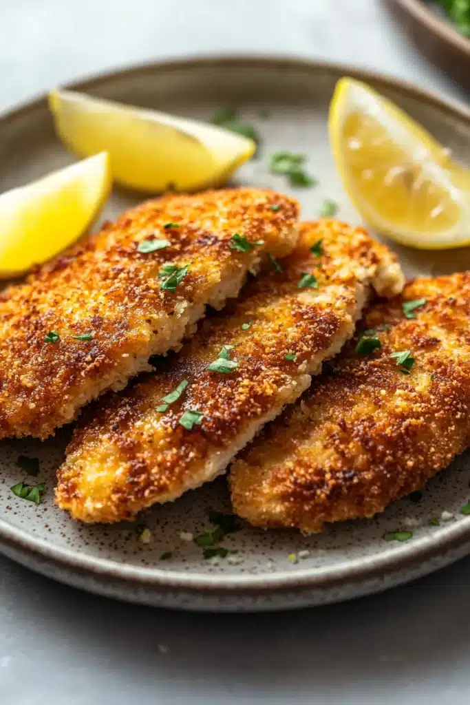 Close-up of crispy chicken katsu with golden breading on a clean white plate.