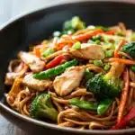 Close-up of high protein chicken lo mein with vibrant vegetables and noodles