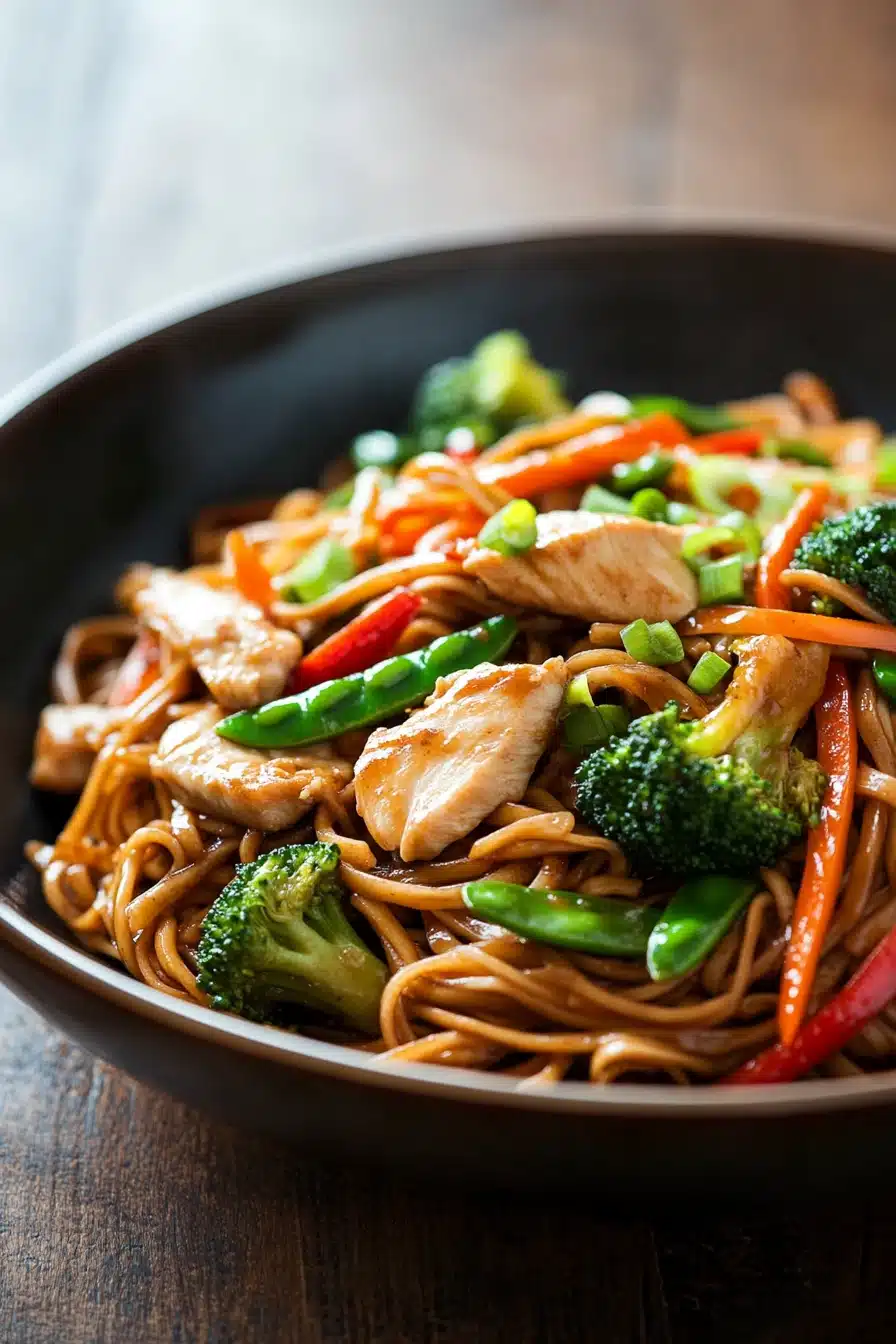Close-up of high protein chicken lo mein with vibrant vegetables and noodles