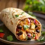 Close-up of a high protein chicken queso burrito with melted cheese and grilled chicken