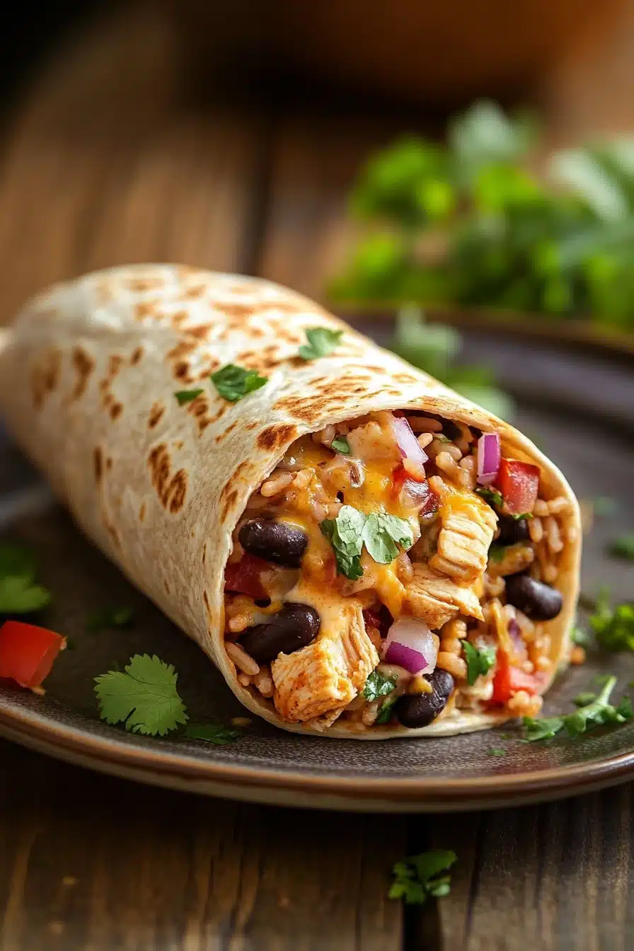 Close-up of a high protein chicken queso burrito with melted cheese and grilled chicken