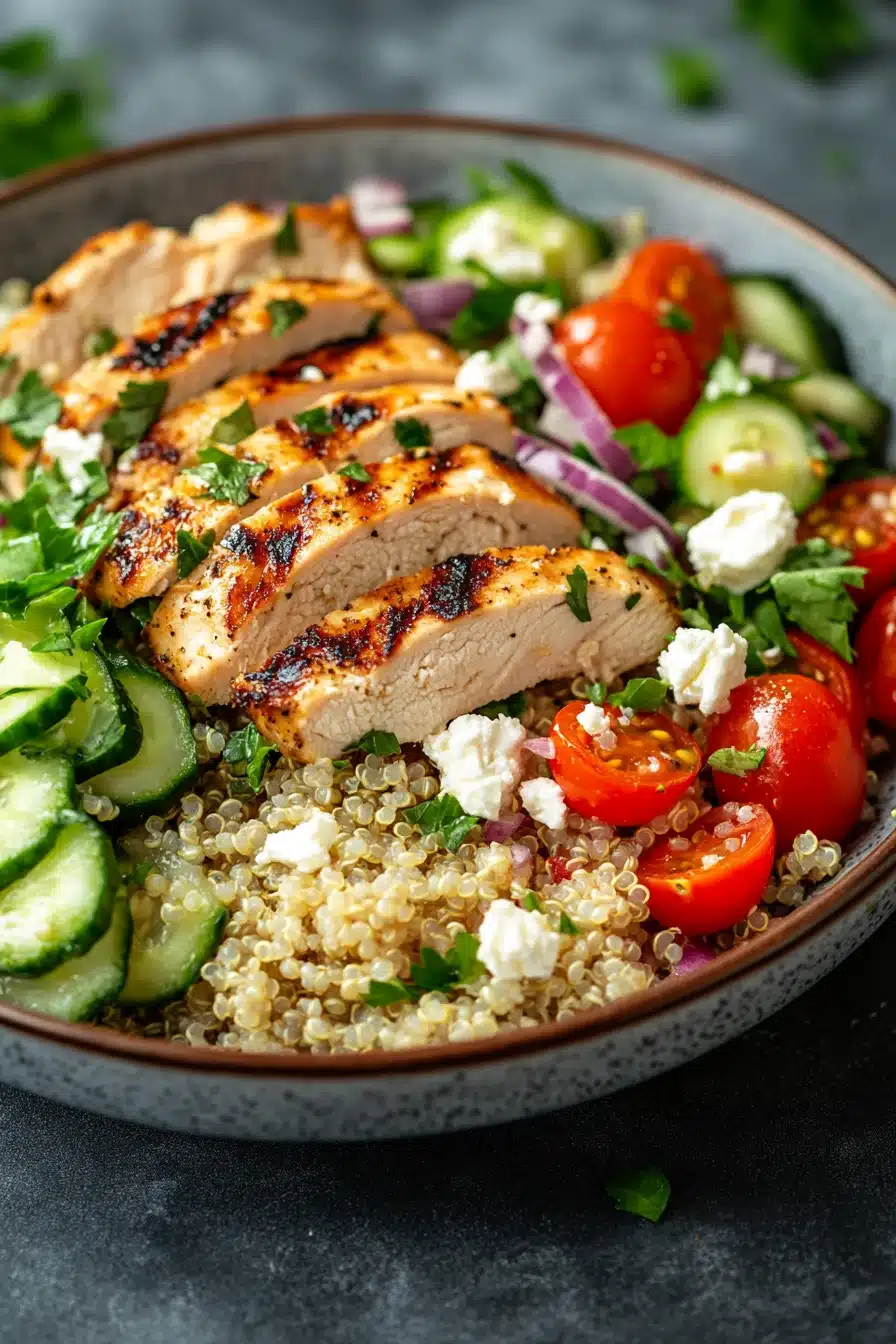 Close-up of a high protein chicken quinoa salad with fresh greens and colorful vegetables.