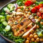 Close-up of a high protein chicken veggie salad with colorful vegetables and grilled chicken pieces.