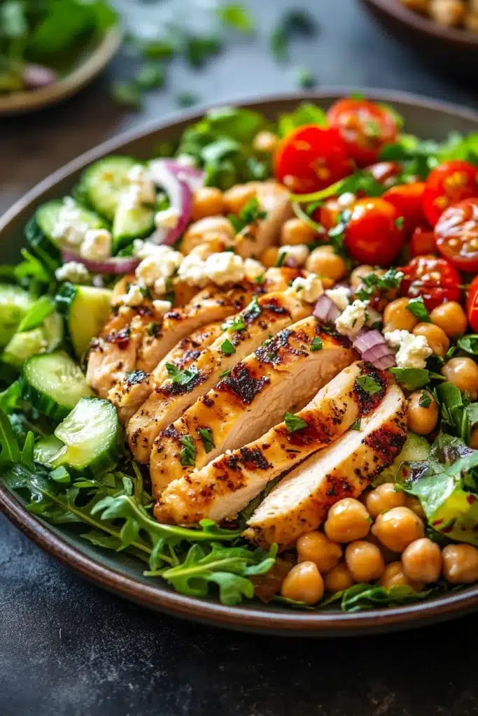 Close-up of a high protein chicken veggie salad with colorful vegetables and grilled chicken pieces.