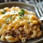 Close-up of creamy mac n cheese with ground beef, filling the frame with warm lighting.
