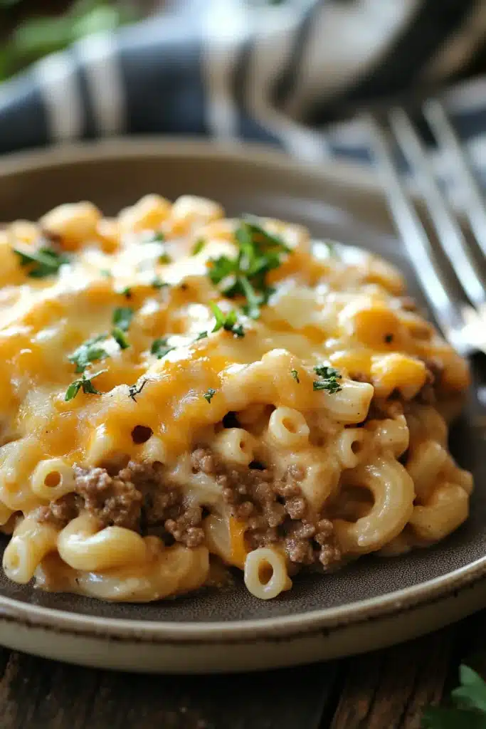 Close-up of creamy mac n cheese with ground beef, filling the frame with warm lighting.