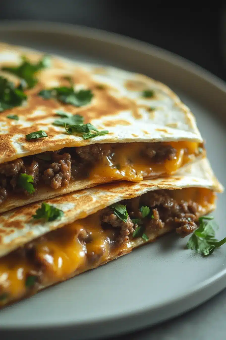Close-up of a high protein ground beef quesadilla with melted cheese and crispy tortilla
