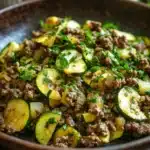 Close-up of a high protein ground beef zucchini dish with vibrant colors and textures.