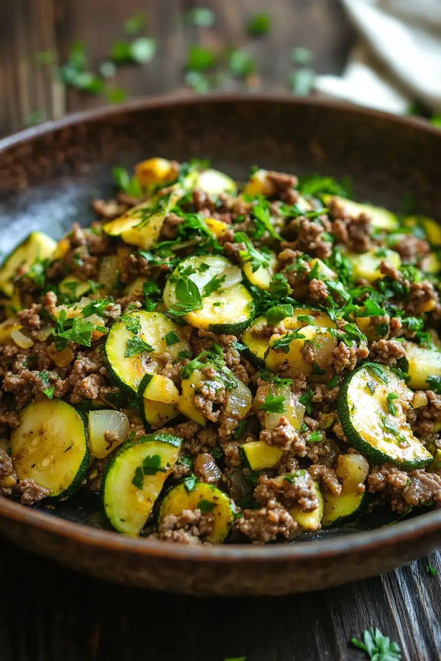 Close-up of a high protein ground beef zucchini dish with vibrant colors and textures.