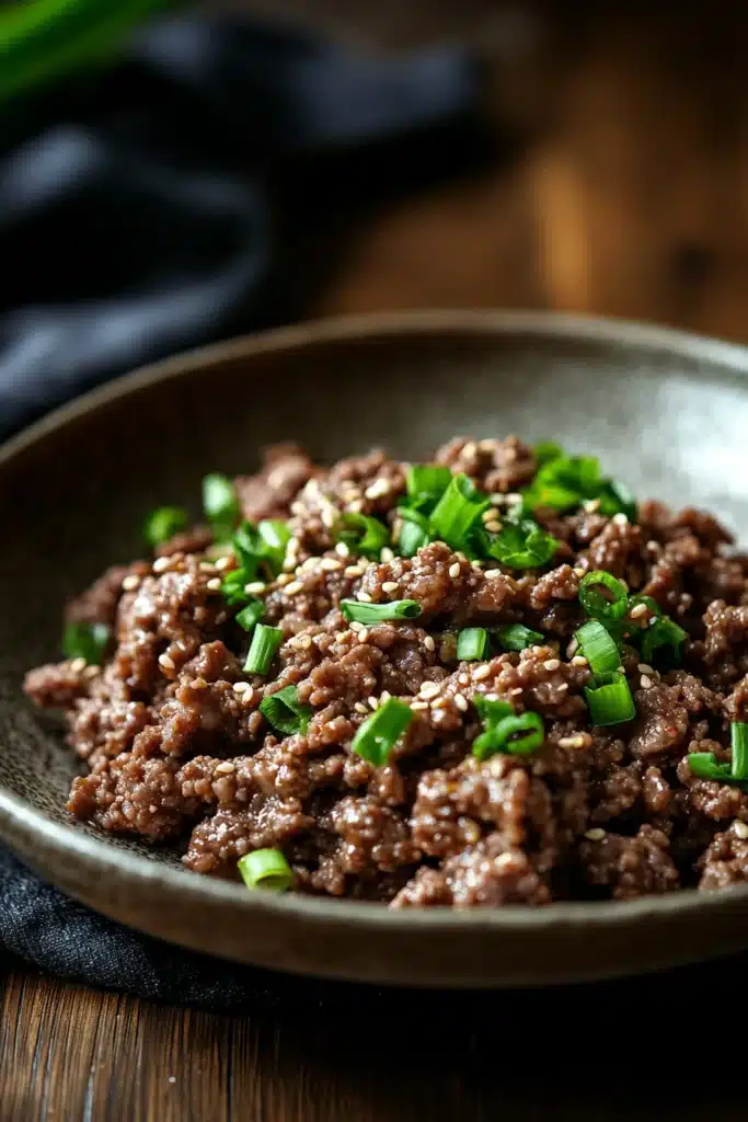 Close-up of high protein Korean beef dish with vibrant colors and textures