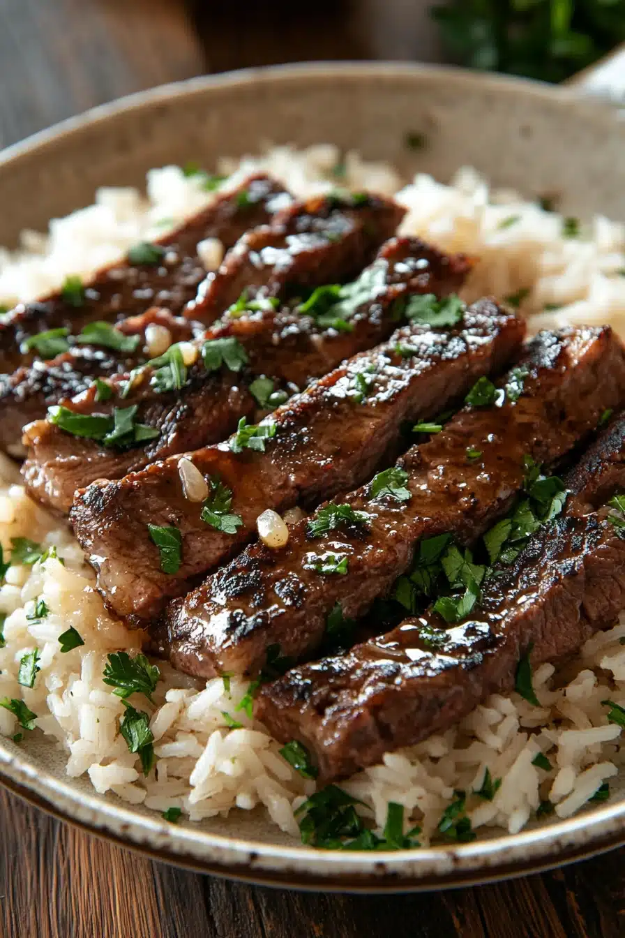 Close-up of honey butter garlic steak and rice skillet with bright, warm lighting.