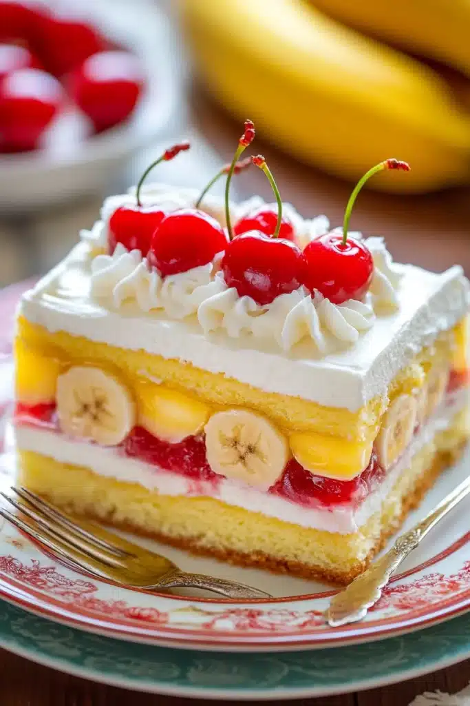 Close-up of a jello banana split cake with layers of cream and fruit