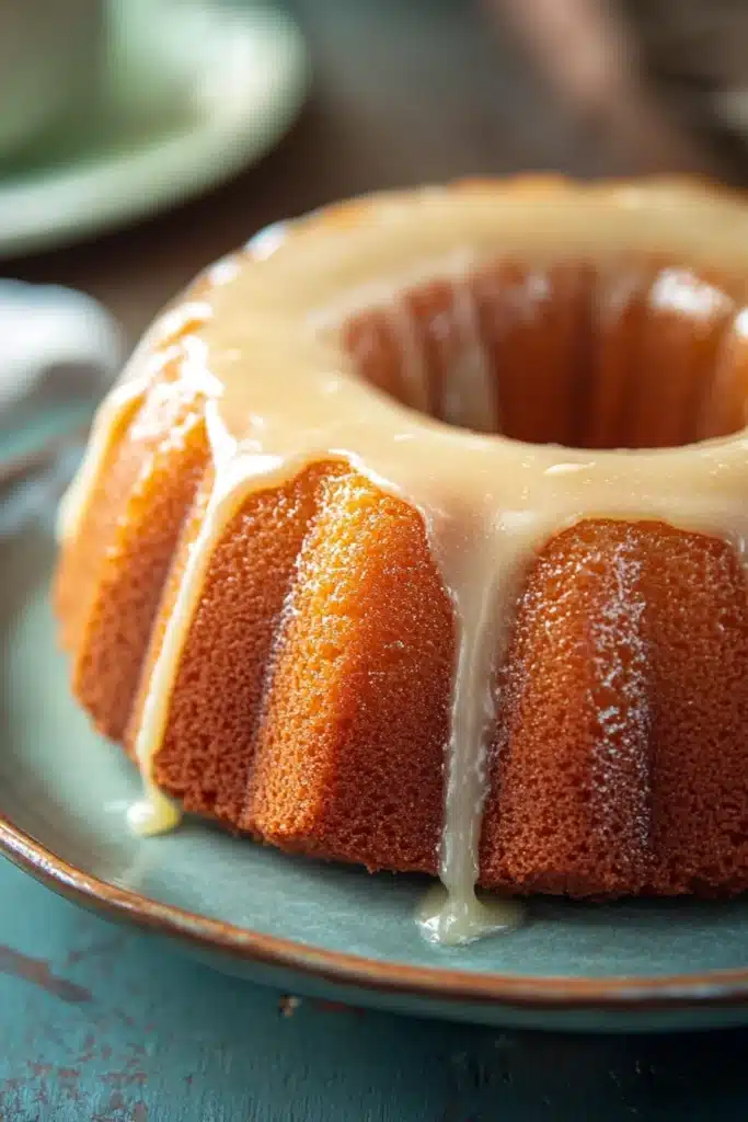 Close-up of a Kentucky vanilla butter cake with a golden crust and soft texture.