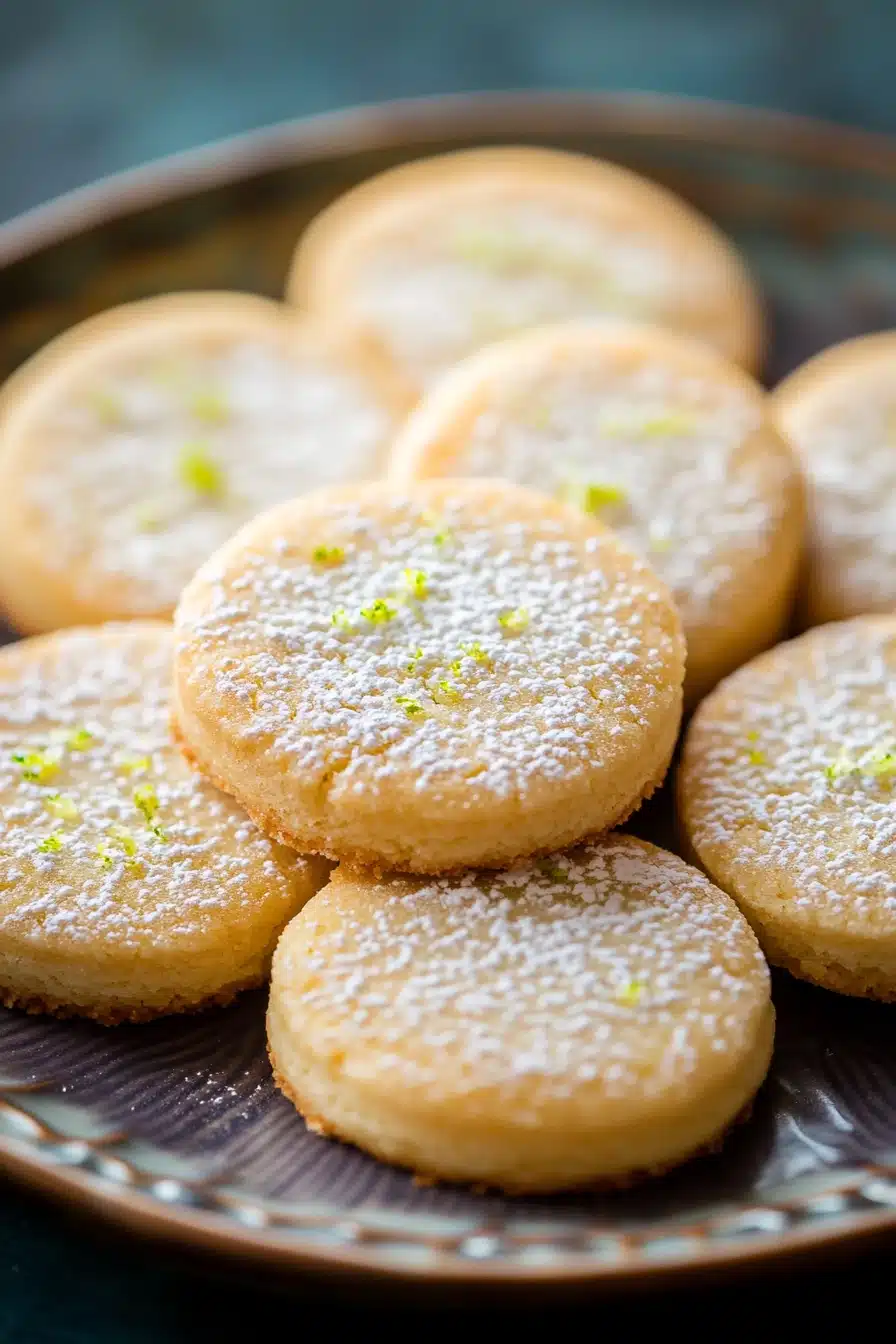 Close-up of key lime shortbread cookies on a white plate with lime zest garnish