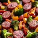 Close-up of kielbasa and broccoli sheet pan dinner with vibrant vegetables