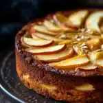 Close-up of a layered protein apple cake with visible textures and warm lighting.